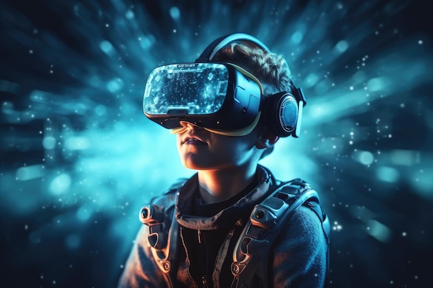 Un niño que usa auriculares VR mundo surrealista y campos de flores coloridos de realidad virtual IA generativa