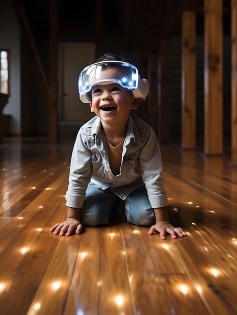 Un niño que usa gafas AR asombrado y sonriendo suelo de madera Li Digital Native Gen Alpha Generación
