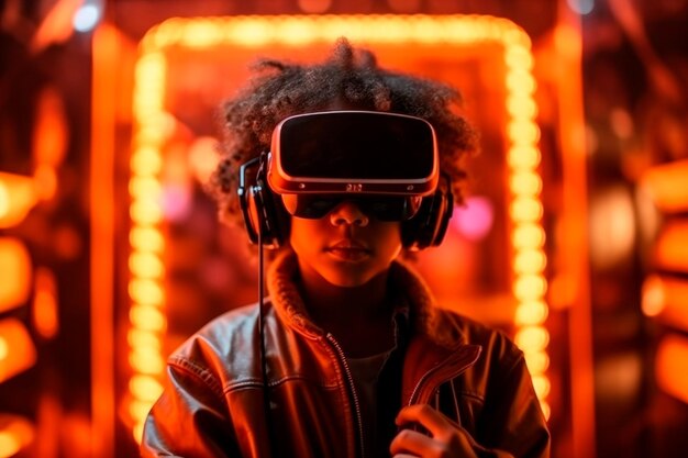 Un niño que usa un par de anteojos de realidad virtual se para frente a un letrero de neón que dice "el juego está en él"