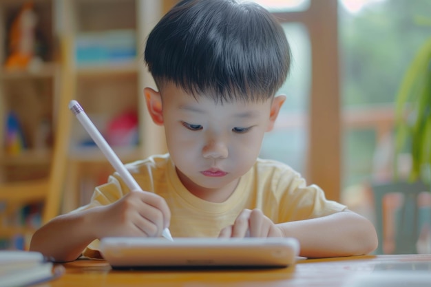 Niño que usa una tableta para las tareas estudiando en línea con tecnología de IA