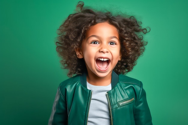 Niño radiante con chaqueta verde con expresión alegre sobre un fondo verde