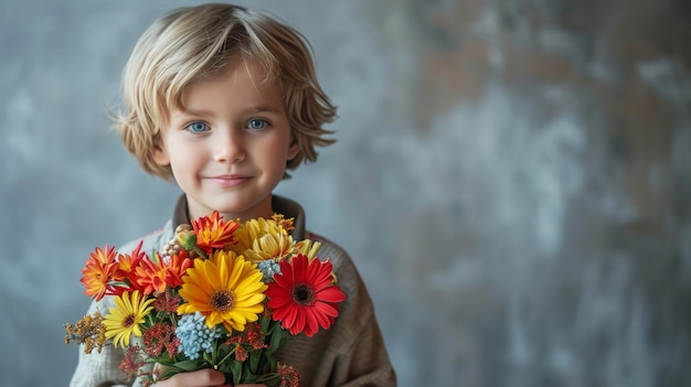 niño con un ramo de flores en un fondo minimalista con espacio de copia