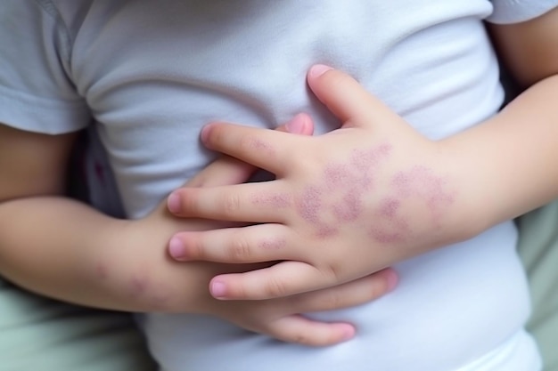 Foto el niño se rasca la piel atópica dermatitis diátesis alergia en el cuerpo del niño irritación y p