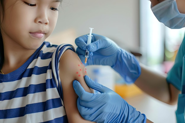 Foto un niño está recibiendo una jeringa de un médico