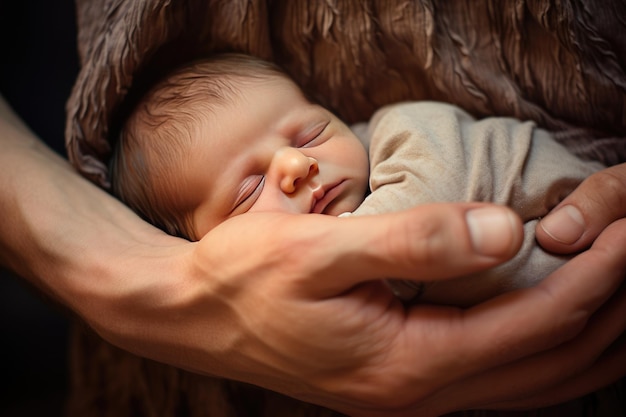 Foto niño recién nacido en las manos de los padres closeup piezos de bebé en manos de la madre closeup ai generado