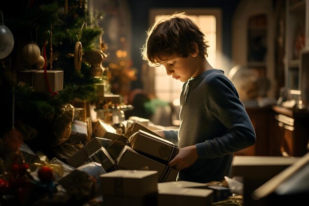 Un niño recoge regalos de Navidad para su familia