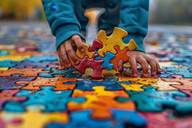 El niño recoge un rompecabezas colorido Día de Reconocimiento del Autismo El arte de estudiar el autismo