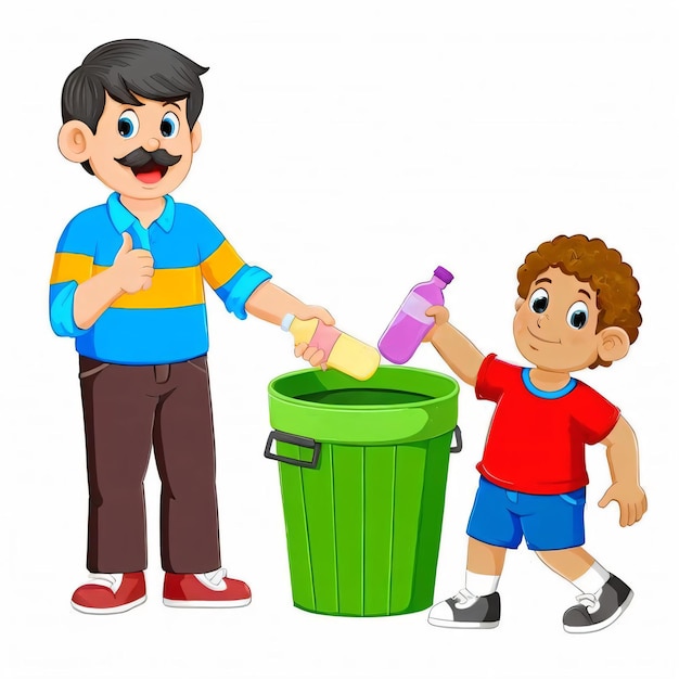 niño recogiendo basura con su padre