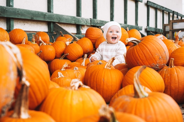 Niño recogiendo calabazas en el huerto de calabazas Niña pequeña jugando entre calabazas en el mercado agrícola