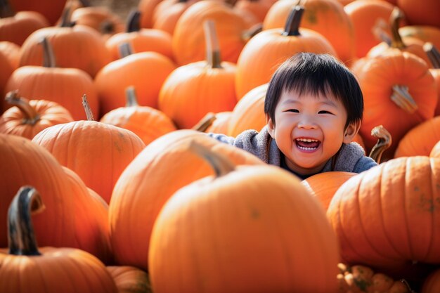 Niño recogiendo calabazas en una plantación de calabazas para crear una linterna Jacko para Halloween