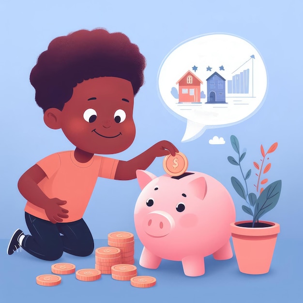 Foto niño recogiendo dinero en una alcancía en un pequeño concepto de finanzas de cerdo rosa