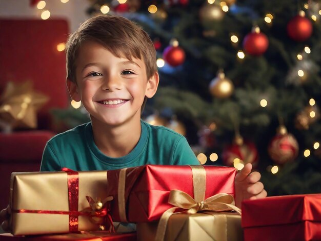 Foto niño con regalos de navidad