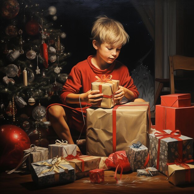 Niño con regalos de Navidad