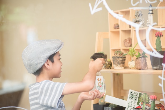 Niño regando cactus en la tienda