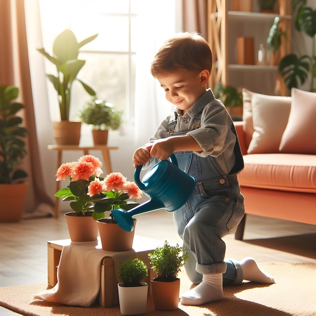 Foto niño regando flores niña linda regando flores cuidando de las flores