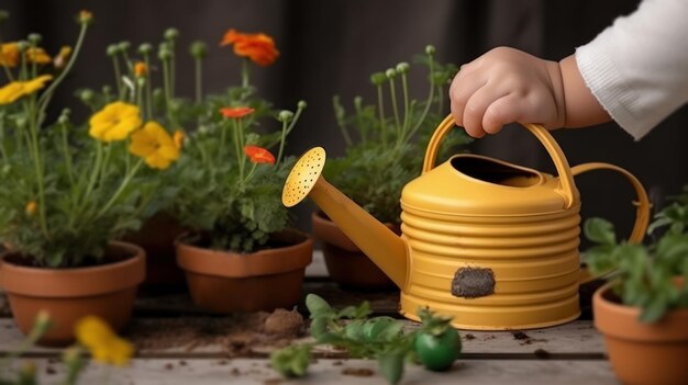 Niño regando flores con una regadera generativa ai