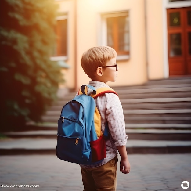Niño de regreso a la escuela con mochila yendo a la escuela con diversión