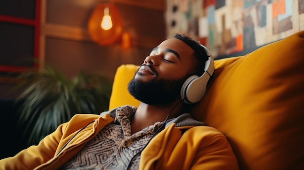 Foto niño relajado con auriculares escuchando música en un sofá