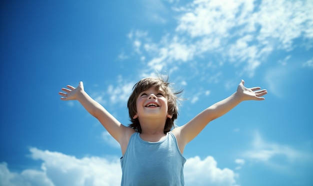 Niño relajado respirando aire fresco levantando los brazos sobre el cielo azul en verano