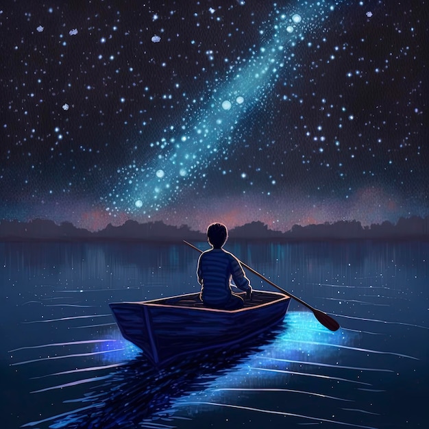 niño remando un bote en el mar de la noche estrellada con luz misteriosa, estilo de arte digital, ilustrado