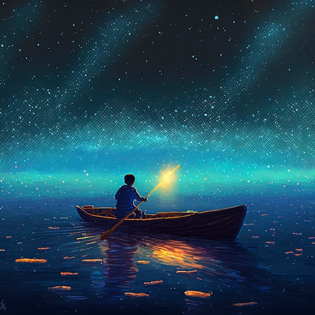 niño remando un bote en el mar de la noche estrellada con luz misteriosa, estilo de arte digital, ilustrado