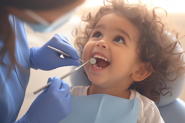 Niño revisando los dientes con el dentista en la cama dental