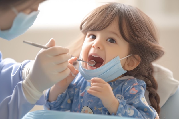 Niño revisando los dientes con el dentista en la cama dental