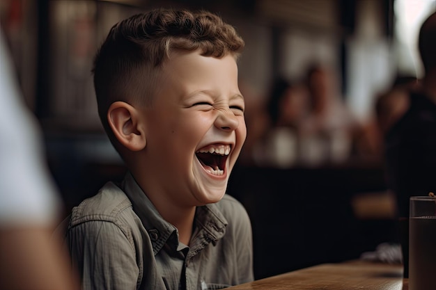 un niño riendo con la boca abierta en una mesa en un restaurante mientras la gente está sentada a su alrededor