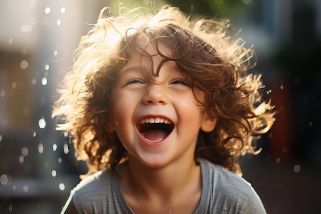 Un niño riendo con gotas de agua en el cabello