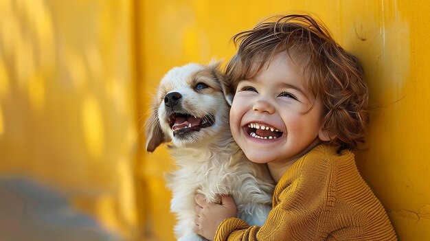 Un niño riendo mientras juega con un cachorro curioso