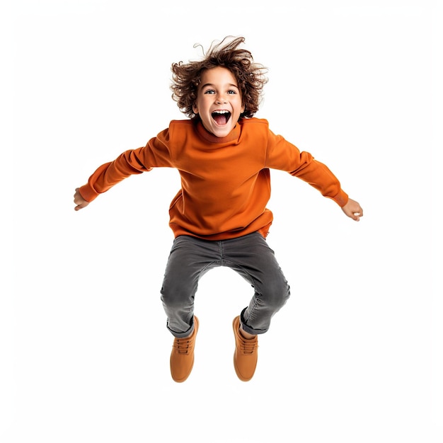 Un niño riendo saltando aislado sobre fondo blanco o transparente generado por IA