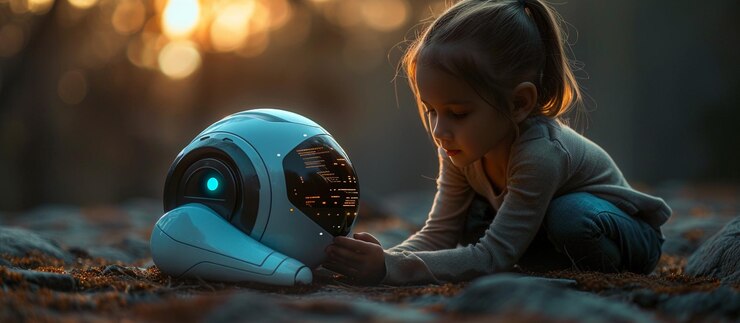 Foto niño y robot al aire libre al atardecer