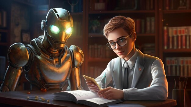 un niño con un robot y un robot leyendo un libro.