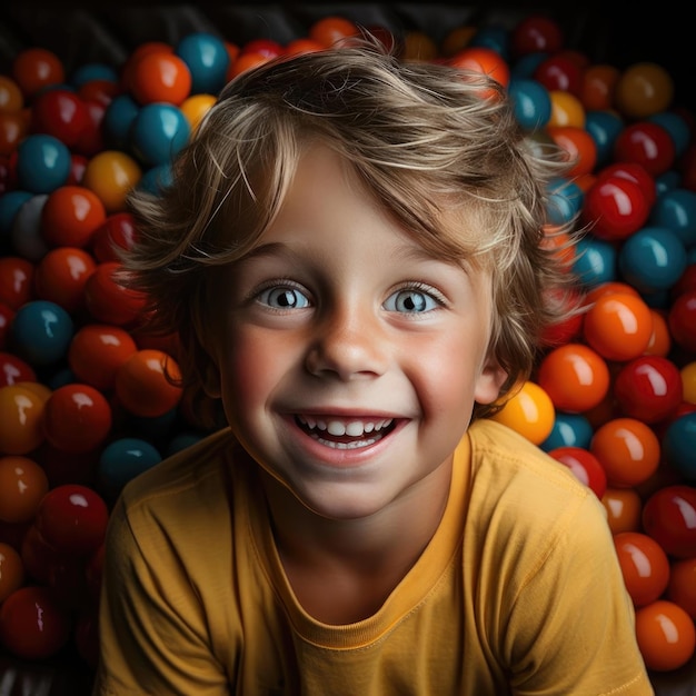 Un niño rodeado de bolas de colores que capturan su espíritu alegre.