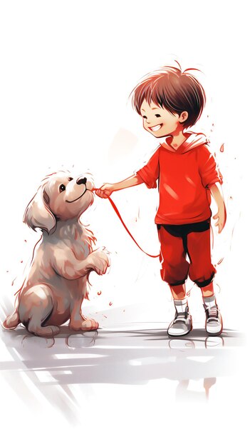 Un niño de rojo y un perro se divierten juntos. Ilustración de dibujos animados dibujada a mano.