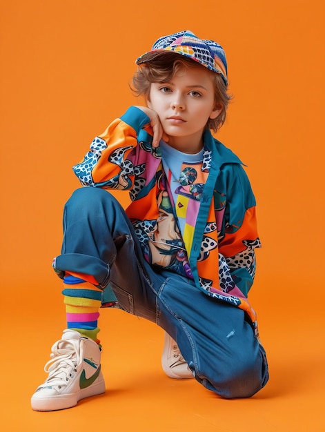 Foto un niño con ropa de colores y zapatillas de deporte