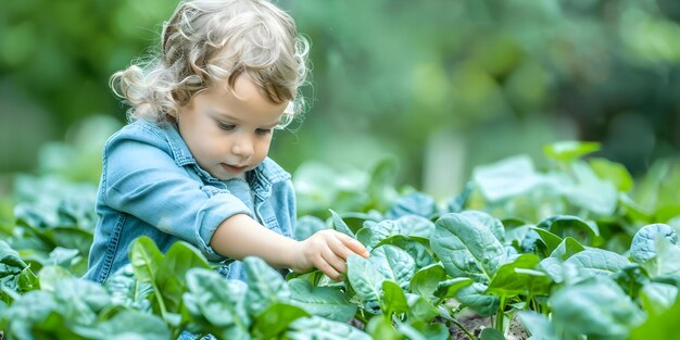 Un niño sin rostro recogiendo espinacas en una parcela de jardín doméstico Concepto Jardinería Familia Alimentación saludable Producto casero Actividad de Child39s