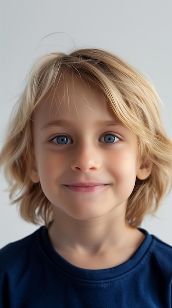 un niño rubio caucásico mira sonriendo a la cámara en un fondo blanco retrato vertical