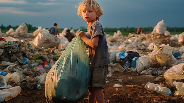 Foto un niño rubio está de pie en un gran vertedero y ayuda a recoger la basura