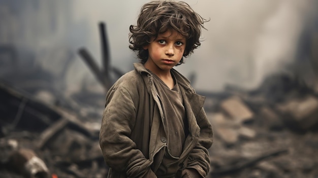 Niño entre las ruinas de los edificios durante la guerra