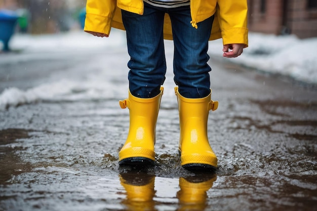 Foto niño salpicando en un charco en un día de lluvia