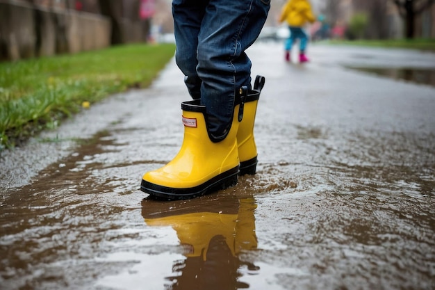 Foto niño salpicando en un charco en un día de lluvia