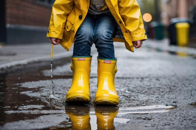 Foto niño salpicando en un charco en un día de lluvia