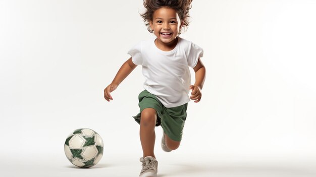 un niño salta y patea el balón de fútbol o fútbol aislado en fondo blanco