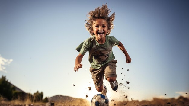 un niño salta y patea el balón de fútbol o fútbol aislado en fondo blanco