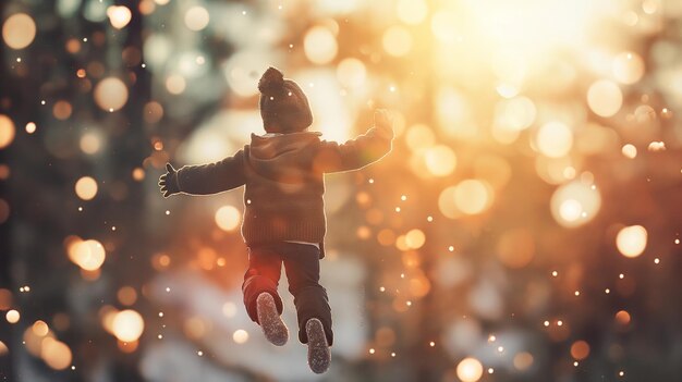 un niño saltando en la nieve con el sol detrás de él