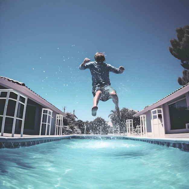 Foto niño saltando a la piscina contra el cielo azul sobre una villa con árboles