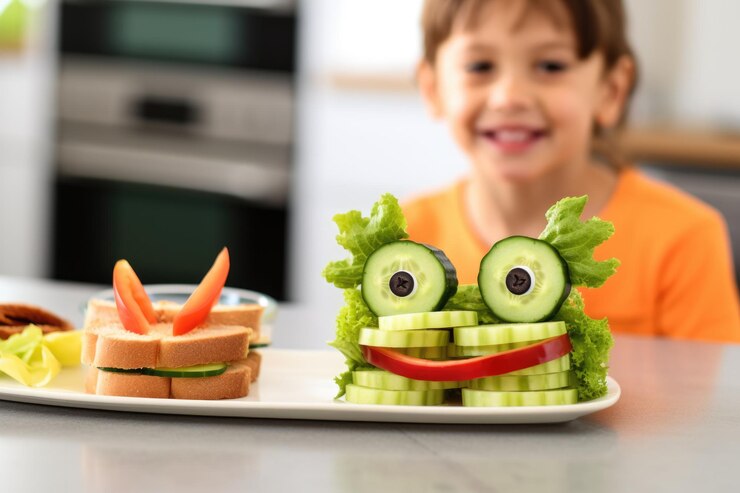 Niño y sándwich en forma de dinosaurio listo para el desayuno