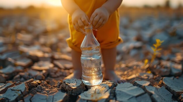 Un niño sediento sostiene una botella vacía sobre un entorno de tierra y espacio rotos IA generativa