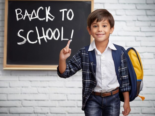 Foto un niño está señalando una pizarra que dice de vuelta a la escuela